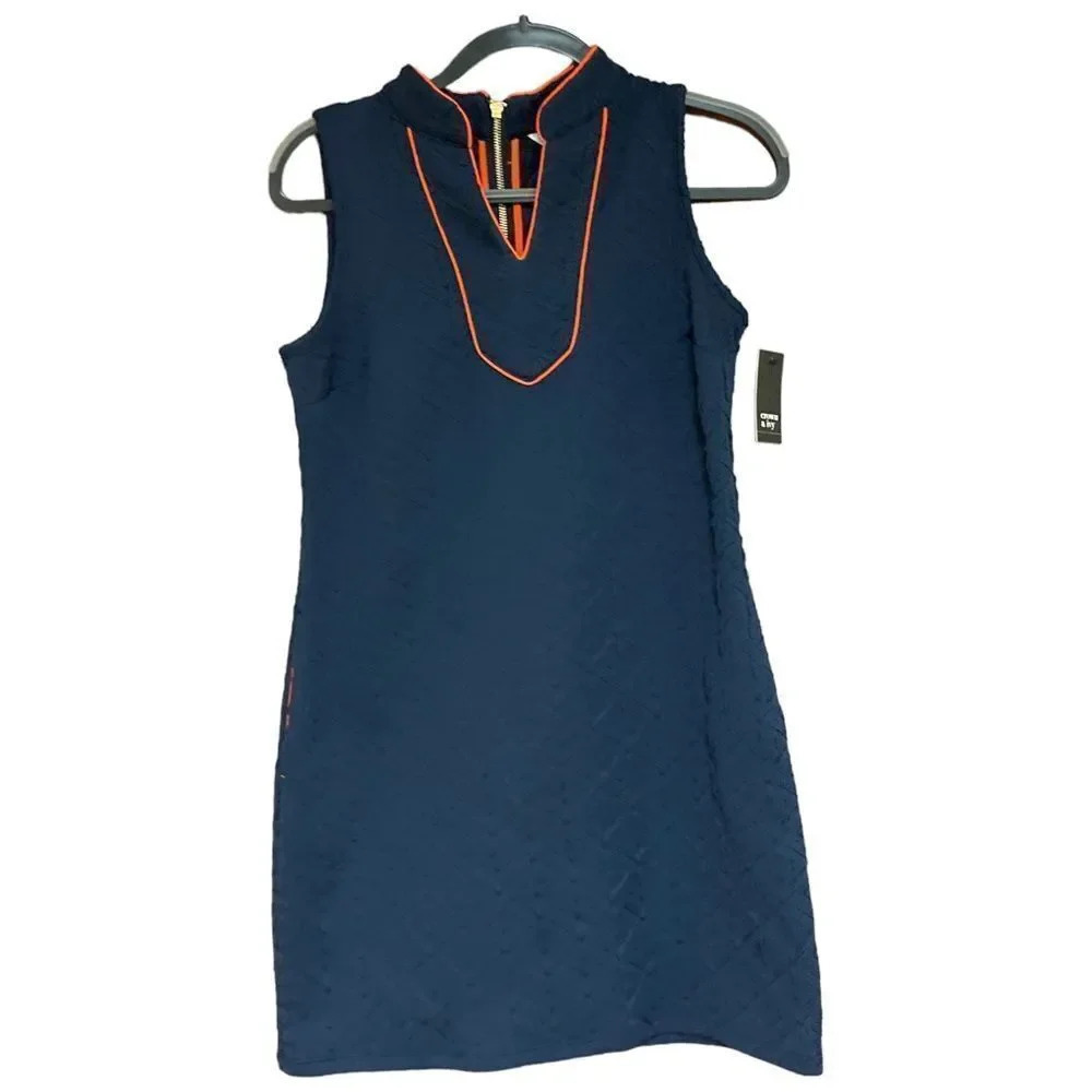 NWT CROWN & IVY Novel Navy In the Groove Dress with Orange Trim Size Extra Small